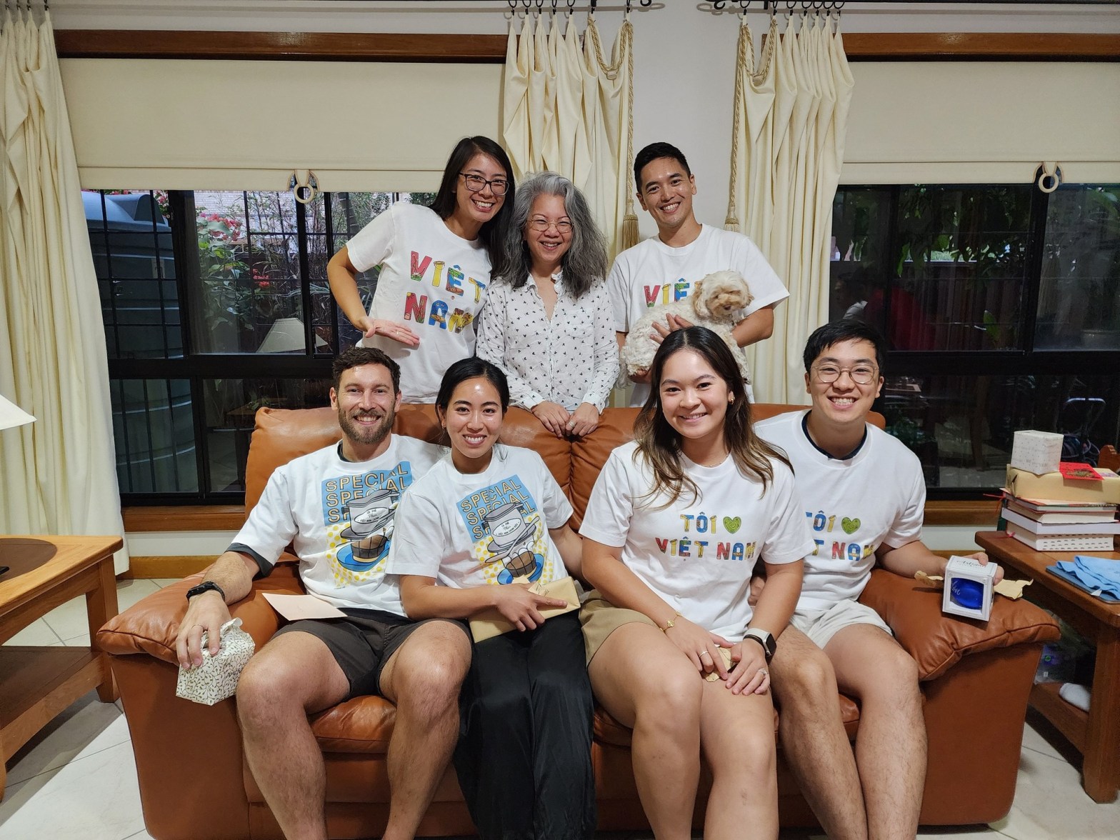 Vanessa, Christopher, Sebastian, Elizabeth, Josephine & Gordon. Xmas 2025. Trâm at the centre.